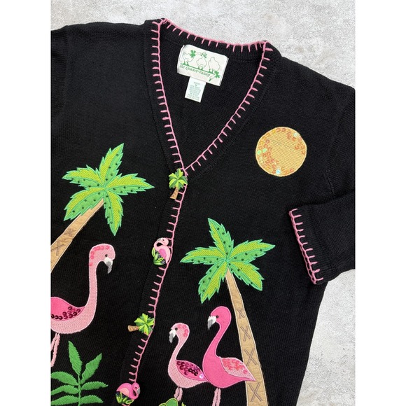 Quacker Factory Cardigan Sweater Womens Medium Black Flamingo Palm Tree Applique - Picture 1 of 11